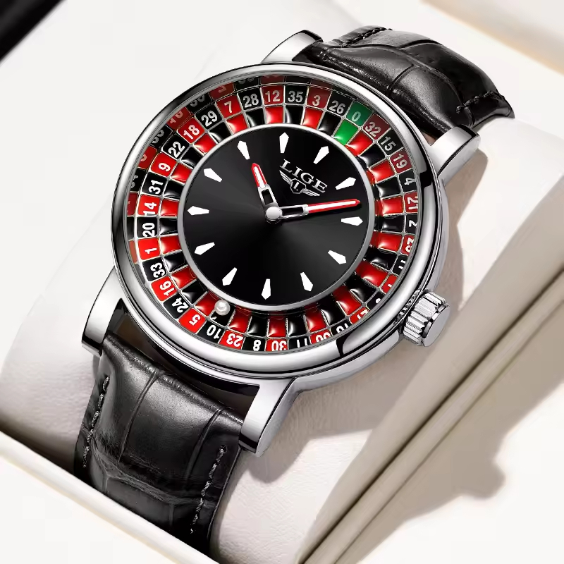 Đồng hồ nam LIGE Thời trang Đồng hồ da Roulette may mắn Đồng hồ thạch anh  dạ quang chống nước | Shopee Việt Nam