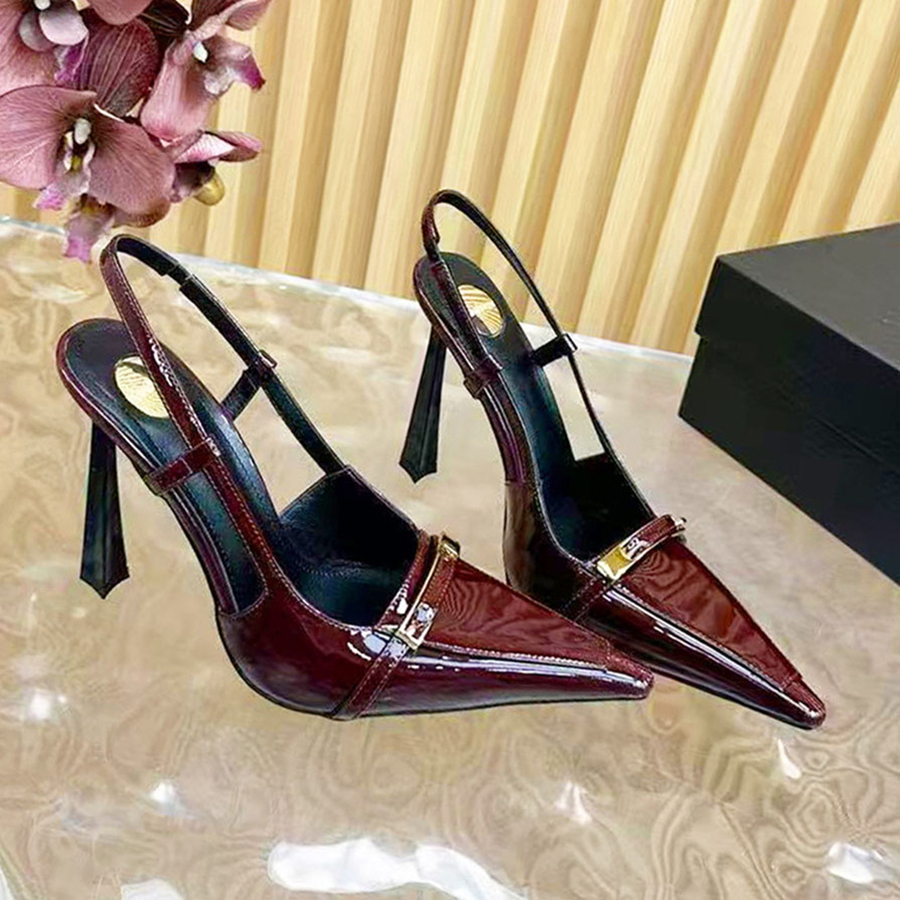Bằng sáng chế Da Mùa Xuân 2025 Mùa Hè Phong Cách Mới Thời Trang Mũi Chân Sandal Stiletto Khóa Kim Loại Gợi Cảm Ngón Chân Vuông Dây Đeo Sau