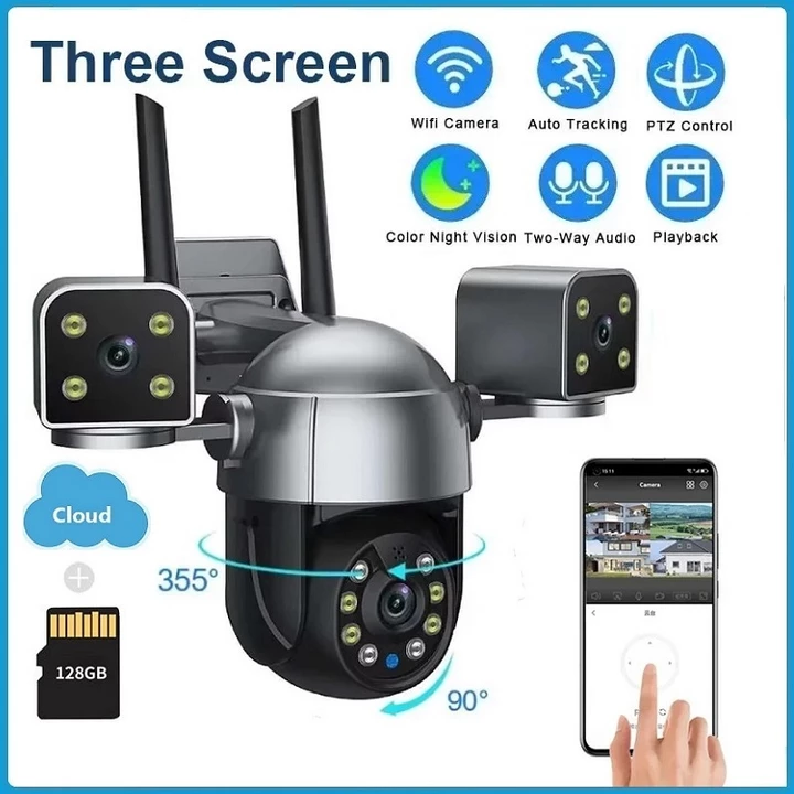 Camera quan sát 9MP Camera IP ngoài trời WIFI Ba ống kính & Ba màn hình Tầm nhìn ban đêm Camera PTZ Phát hiện chuyển động Camera giám sát Video