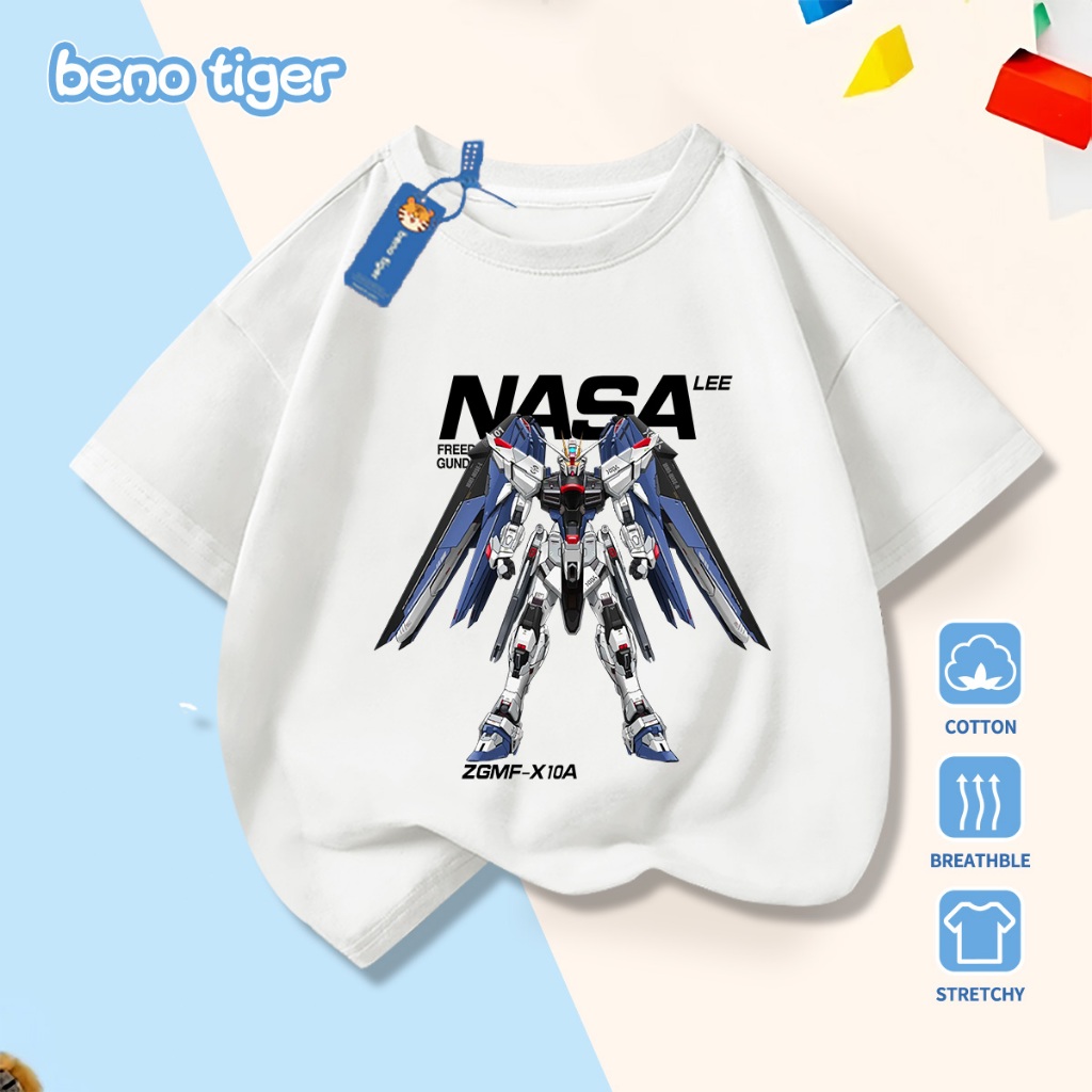 Áo thun bé trai BenoTiger áo phông cộc tay cho bé in hình Mecha chất thun cotton mềm mịn thấm hút mồ hôi