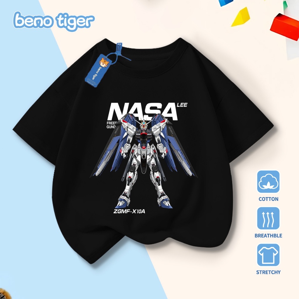 Áo thun bé trai BenoTiger áo phông cộc tay cho bé in hình Mecha chất thun cotton mềm mịn thấm hút mồ hôi