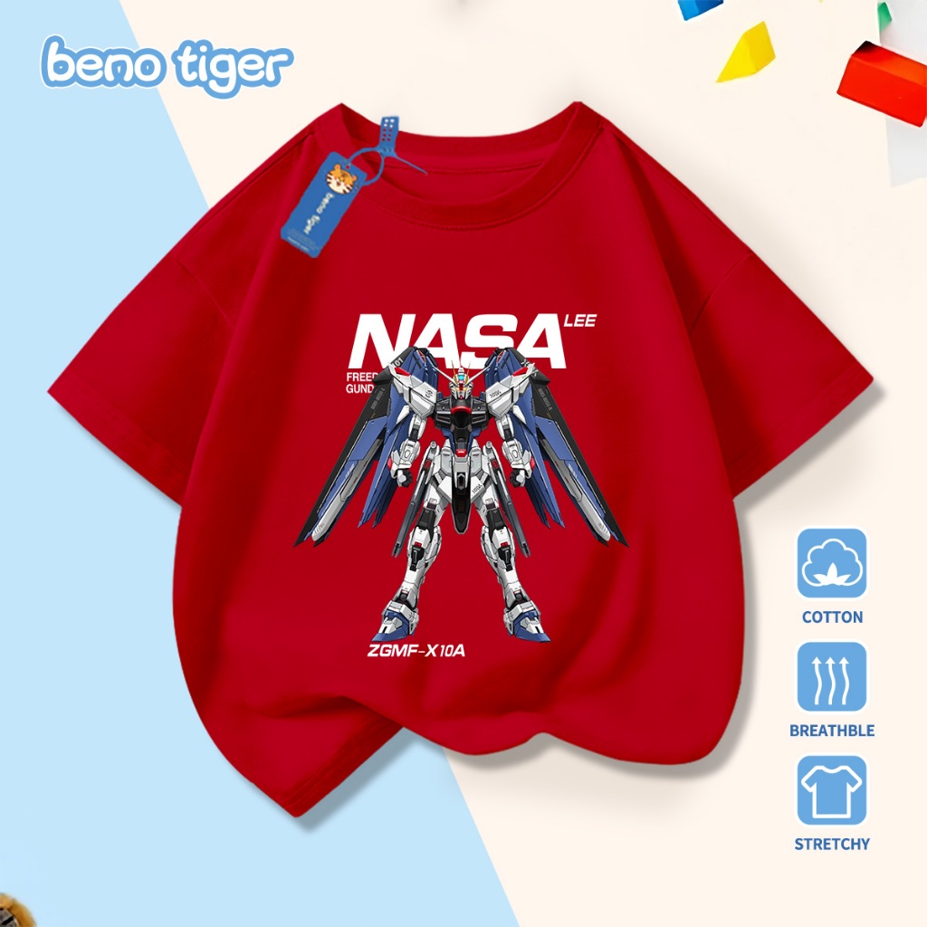 Áo thun bé trai BenoTiger áo phông cộc tay cho bé in hình Mecha chất thun cotton mềm mịn thấm hút mồ hôi