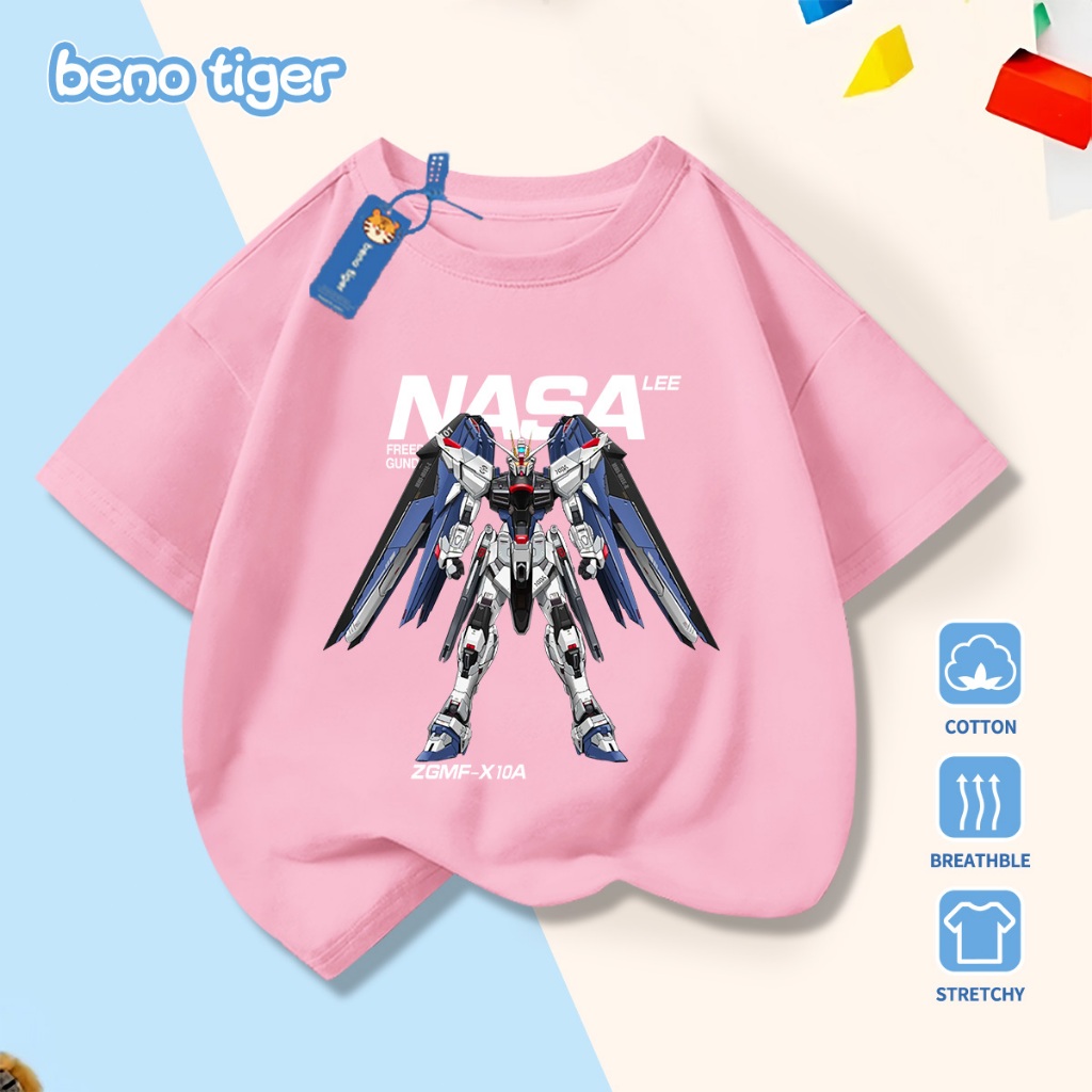 Áo thun bé trai BenoTiger áo phông cộc tay cho bé in hình Mecha chất thun cotton mềm mịn thấm hút mồ hôi
