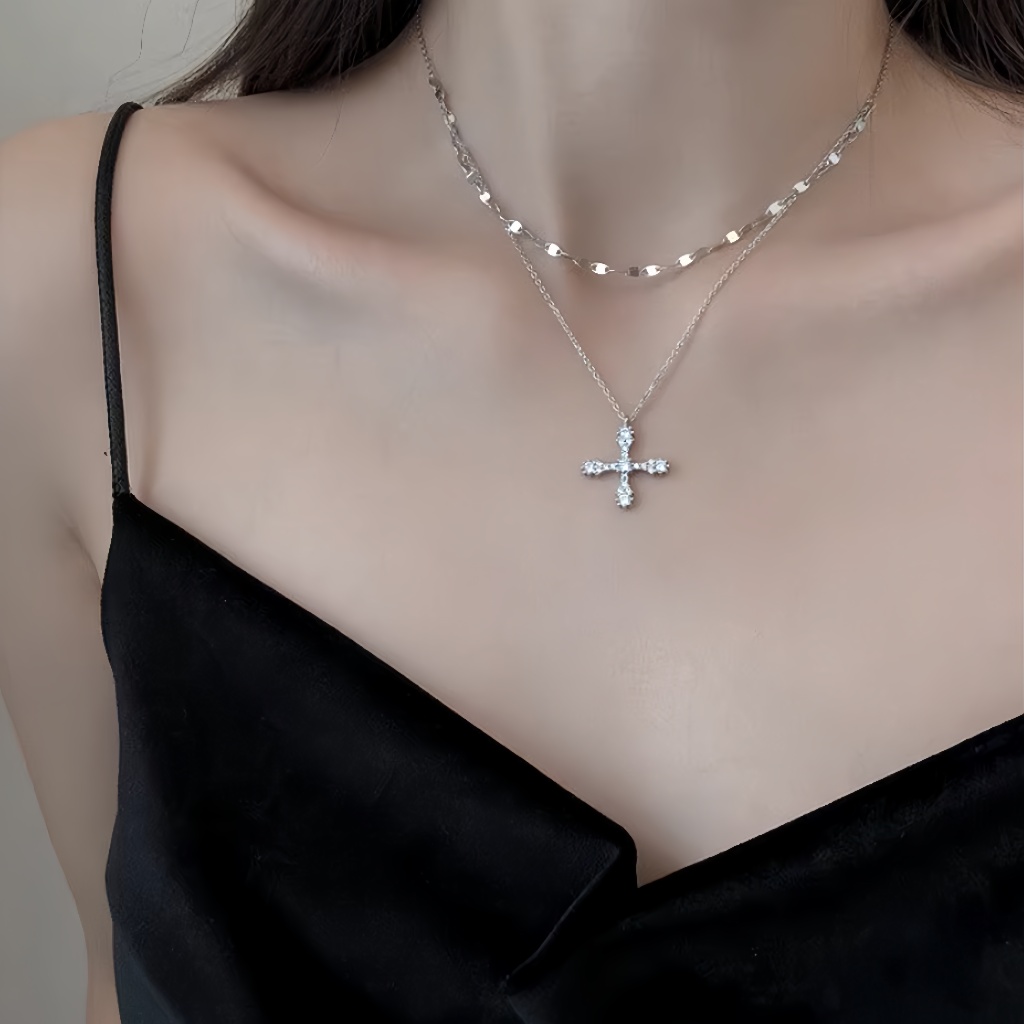 Cross Double Layer Stacking Necklace Luxury Niche Thiết kế Thời trang Cool Bone Necklace