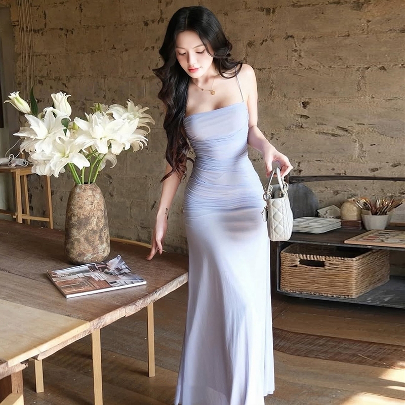 Cutenew Váy Maxi Thanh Lịch Chắc Chắn Lưng Sling Off Tay Skinny Quấn Mông Nhìn Mỏng Hơn Nóng Gà Thời Trang Nóng Mới
