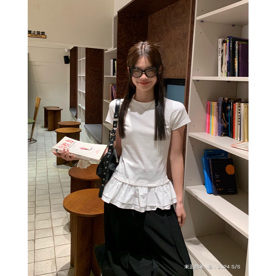 【BANKO】Phiên bản Hàn Quốc Nữ Mùa Hè Phong Cách Ba Lê Ren Slim-fit Áo Thun Tay Ngắn Màu Trắng