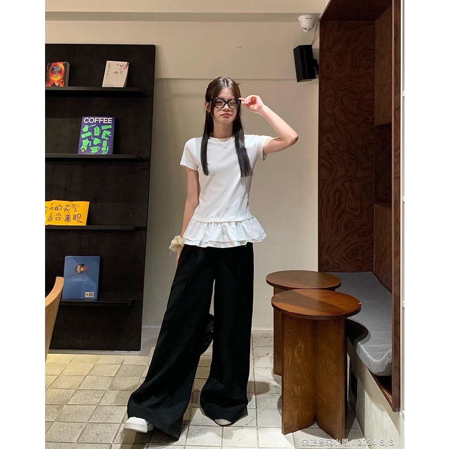 【BANKO】Phiên bản Hàn Quốc Nữ Mùa Hè Phong Cách Ba Lê Ren Slim-fit Áo Thun Tay Ngắn Màu Trắng