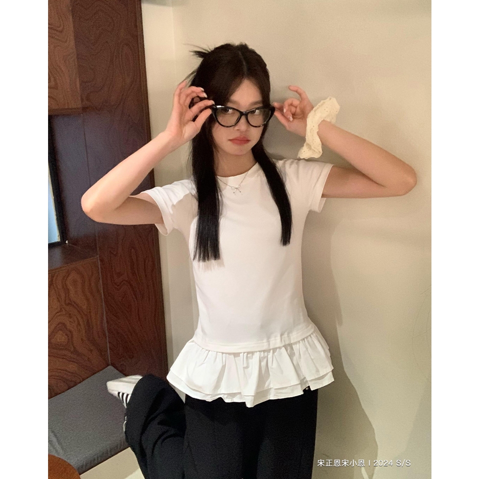 【BANKO】Phiên bản Hàn Quốc Nữ Mùa Hè Phong Cách Ba Lê Ren Slim-fit Áo Thun Tay Ngắn Màu Trắng