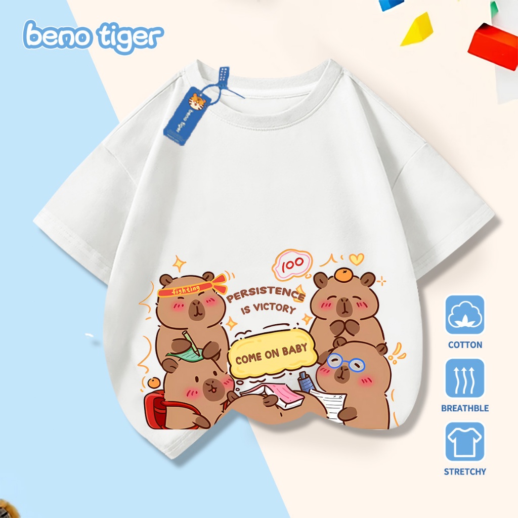 Áo thun bé trai BenoTiger áo phông cộc tay cho bé in hình Capybara chất thun cotton mềm mịn thấm hút mồ hôi
