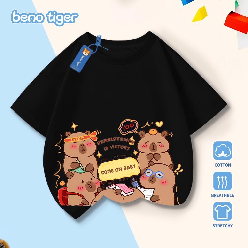 Áo thun bé trai BenoTiger áo phông cộc tay cho bé in hình Capybara chất thun cotton mềm mịn thấm hút mồ hôi