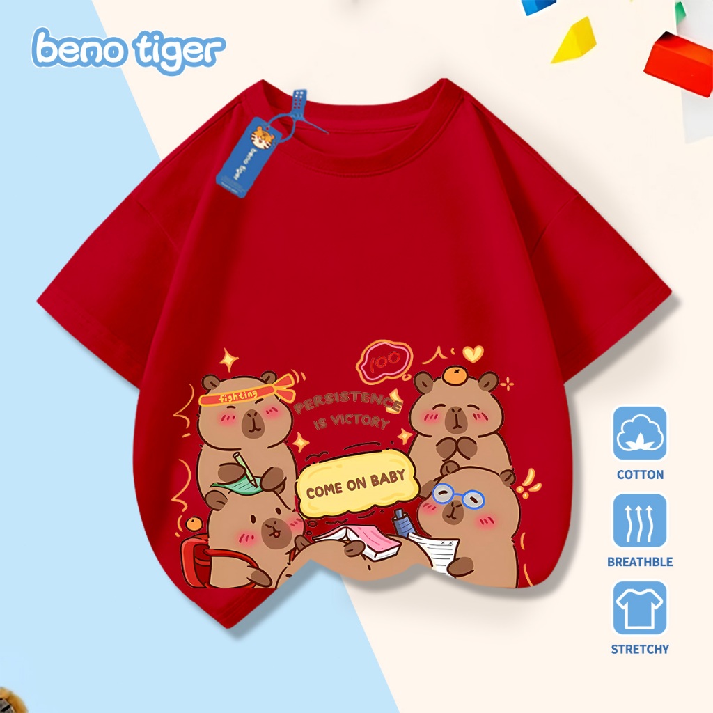 Áo thun bé trai BenoTiger áo phông cộc tay cho bé in hình Capybara chất thun cotton mềm mịn thấm hút mồ hôi