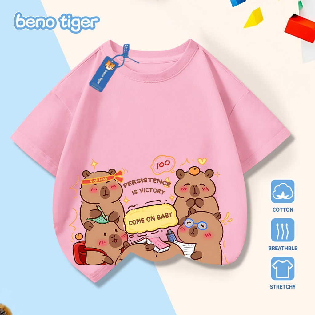 Áo thun bé trai BenoTiger áo phông cộc tay cho bé in hình Capybara chất thun cotton mềm mịn thấm hút mồ hôi