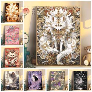 Mozi tranh sơn dầu số hóa 40x50cm/30x40cm cáo chín đuôi trắng, tranh tô màu theo số, bộ tô màu theo số