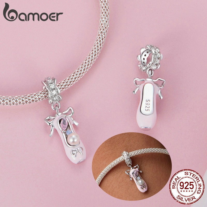 Bamoer 925 Sterling Sliver Charm Girlish Heart Ballet Swan Bow Mặt dây chuyền cho vòng tay Quà tặng