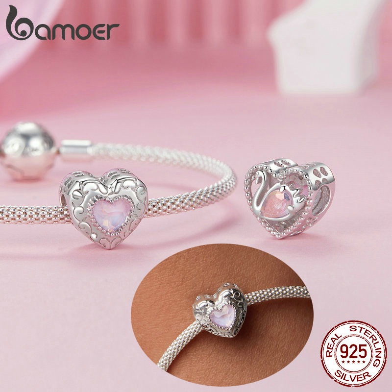Bamoer 925 Sterling Sliver Charm Girlish Heart Ballet Swan Bow Mặt dây chuyền cho vòng tay Quà tặng