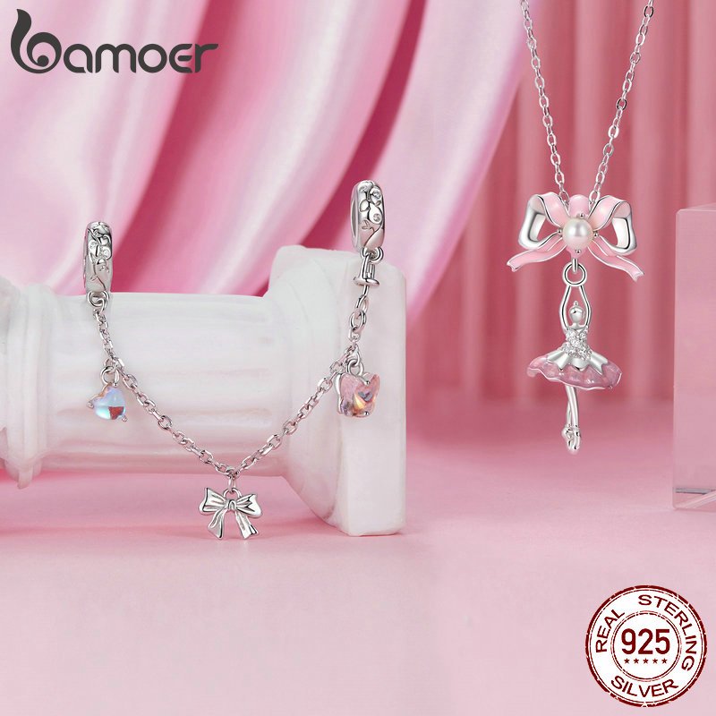 Bamoer 925 Sterling Sliver Charm Girlish Heart Ballet Swan Bow Mặt dây chuyền cho vòng tay Quà tặng