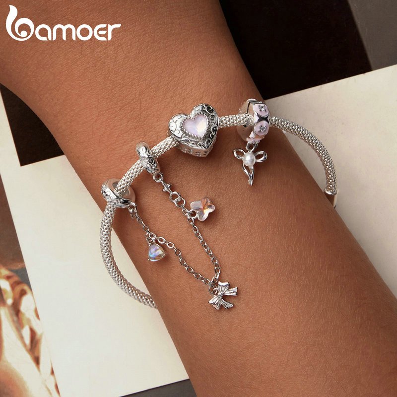 Bamoer 925 Sterling Sliver Charm Girlish Heart Ballet Swan Bow Mặt dây chuyền cho vòng tay Quà tặng