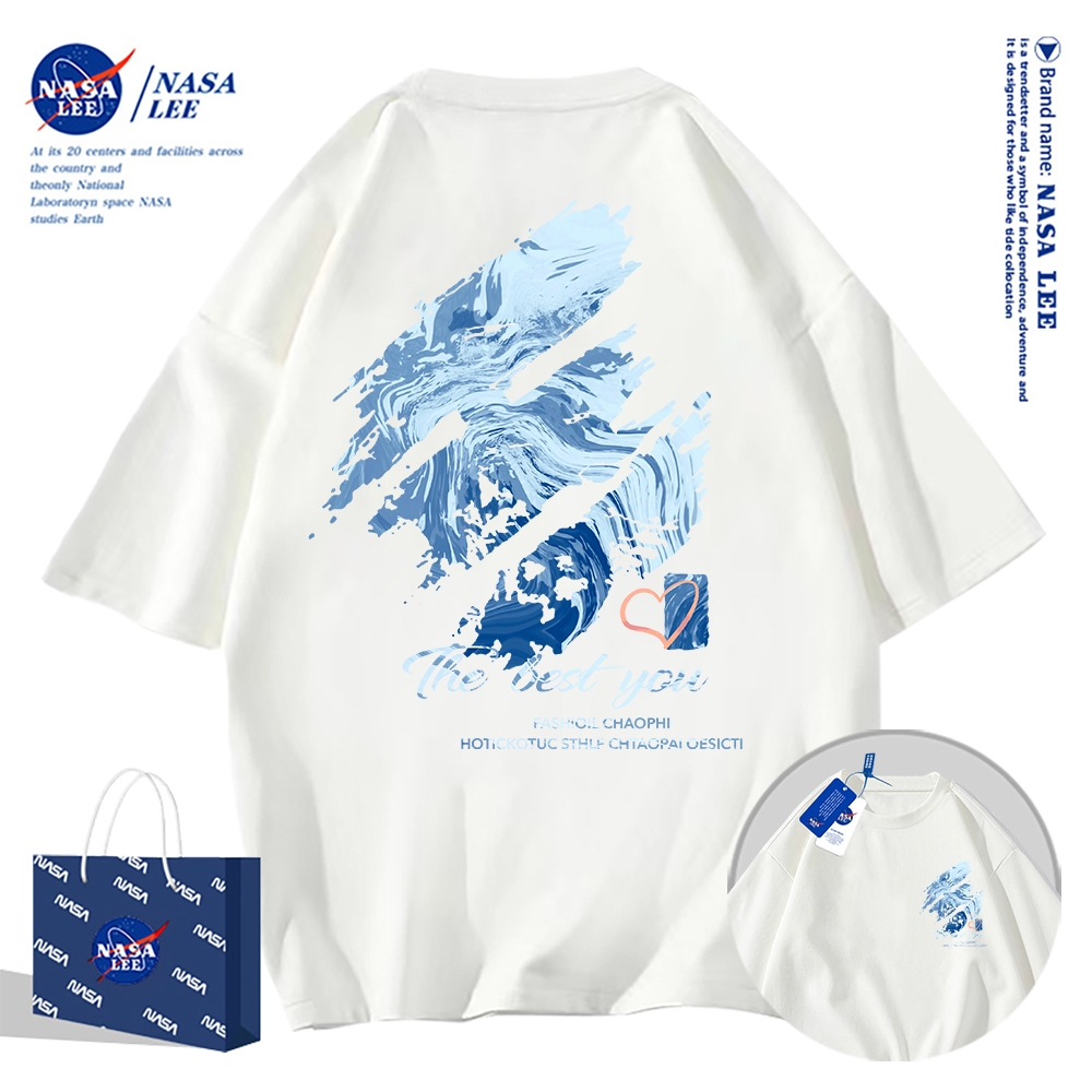 Áo thun ngắn tay NASA - Họa tiết sơn dầu màu xanh, cotton, unisex