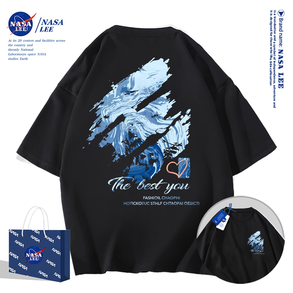 Áo thun ngắn tay NASA - Họa tiết sơn dầu màu xanh, cotton, unisex