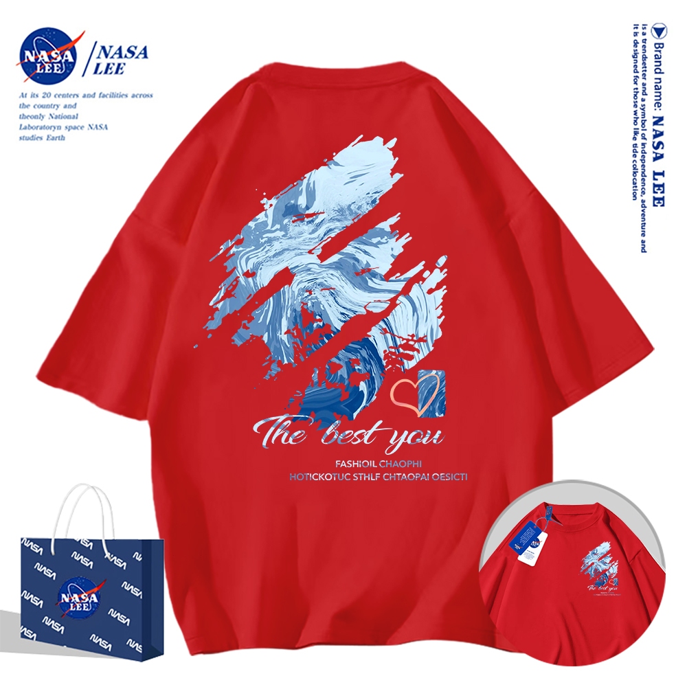Áo thun ngắn tay NASA - Họa tiết sơn dầu màu xanh, cotton, unisex