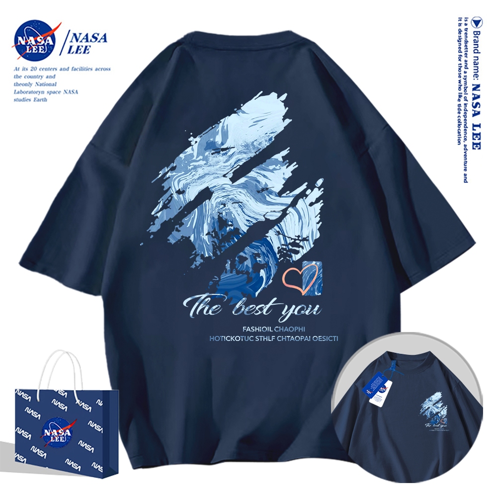 Áo thun ngắn tay NASA - Họa tiết sơn dầu màu xanh, cotton, unisex