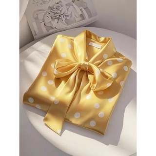 Áo sơ mi dài tay nữ dáng rộng Satin chấm bi phong cách Hàn Quốc