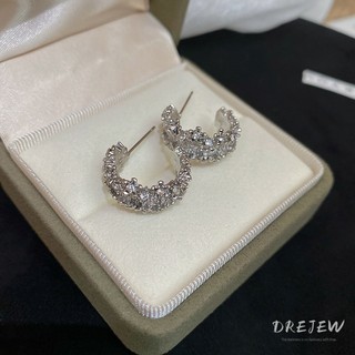 Drejew 925Silver kim cương bộ siêu flash đơn giản Bông tai hình chữ C cá tính lạnh phong cách bông tai nhẹ sang trọng cao cấp