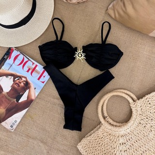 Đồ bơi nữ Màu trơn Underwire Push Up Metal Twist Two Piece Tie Bikini Đồ bơi
