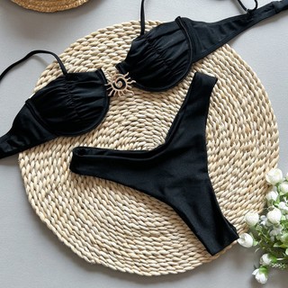 Đồ bơi nữ Màu trơn Underwire Push Up Metal Twist Two Piece Tie Bikini Đồ bơi