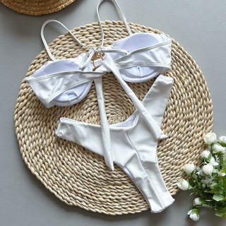 Đồ bơi nữ Màu trơn Underwire Push Up Metal Twist Two Piece Tie Bikini Đồ bơi
