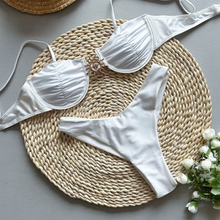 Đồ bơi nữ Màu trơn Underwire Push Up Metal Twist Two Piece Tie Bikini Đồ bơi