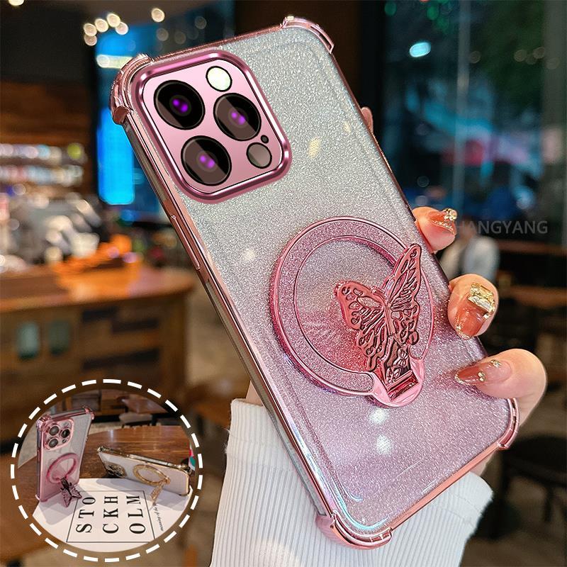 Ốp Lưng Cho iPhone 15 Pro Max 15 Plus flash Bột Mạ Điện Bốn Góc Chống Rơi Vỏ Điện Thoại Thẩm Mỹ flash Bướm Giá Đỡ Thiết Kế Mới TPU Mềm Trường Hợp