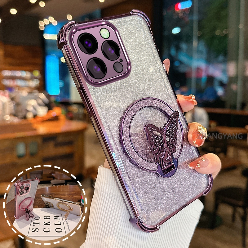 Ốp Lưng Cho iPhone 15 Pro Max 15 Plus flash Bột Mạ Điện Bốn Góc Chống Rơi Vỏ Điện Thoại Thẩm Mỹ flash Bướm Giá Đỡ Thiết Kế Mới TPU Mềm Trường Hợp