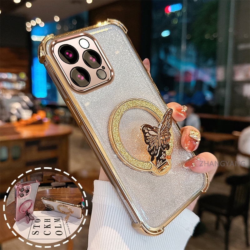 Ốp Lưng Cho iPhone 15 Pro Max 15 Plus flash Bột Mạ Điện Bốn Góc Chống Rơi Vỏ Điện Thoại Thẩm Mỹ flash Bướm Giá Đỡ Thiết Kế Mới TPU Mềm Trường Hợp