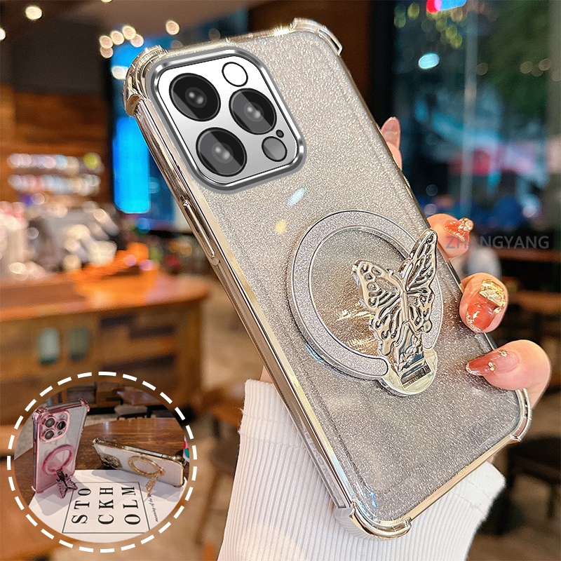 Ốp Lưng Cho iPhone 15 Pro Max 15 Plus flash Bột Mạ Điện Bốn Góc Chống Rơi Vỏ Điện Thoại Thẩm Mỹ flash Bướm Giá Đỡ Thiết Kế Mới TPU Mềm Trường Hợp