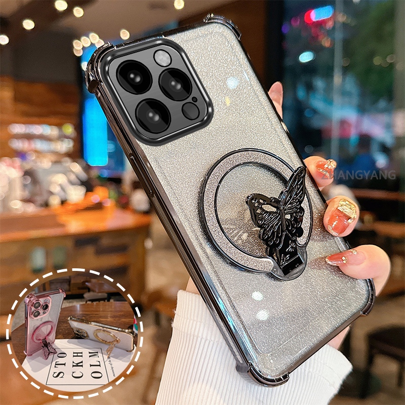 Ốp Lưng Cho iPhone 15 Pro Max 15 Plus flash Bột Mạ Điện Bốn Góc Chống Rơi Vỏ Điện Thoại Thẩm Mỹ flash Bướm Giá Đỡ Thiết Kế Mới TPU Mềm Trường Hợp