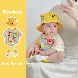 Bộ áo liền quần ngắn tay bé trai và bé gái Winnie the Pooh mùa hè mới 0-24 tháng tuổi sơ sinh