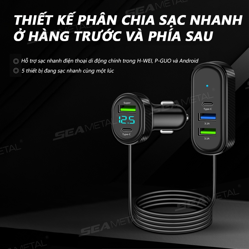 12V/24V Tẩu Sạc Nhanh SEAMETAL PD QC3.0 USB C 5 Cổng 66W tẩu sạc nhanh ô tô