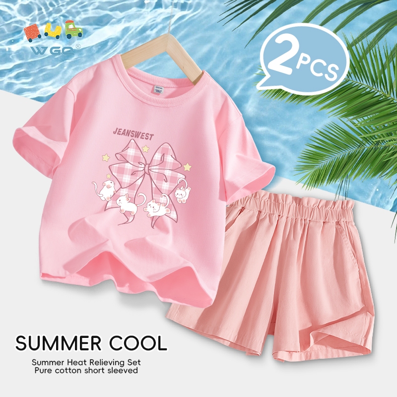 W.G.Q  Bộ đồ bé gái , Áo thun và quần Short Cotton ngắn tay nguyên chất Bộ đồ hai mảnh
