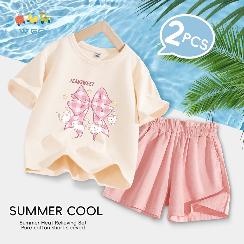 W.G.Q  Bộ đồ bé gái , Áo thun và quần Short Cotton ngắn tay nguyên chất Bộ đồ hai mảnh