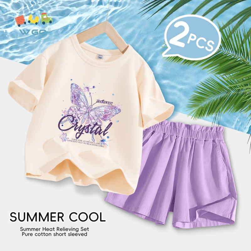 W.G.Q  Bộ đồ bé gái , Áo thun ngắn tay bằng Cotton nguyên chất và quần Short Bộ đồ hai mảnh, có in