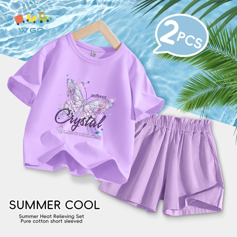 W.G.Q  Bộ đồ bé gái , Áo thun ngắn tay bằng Cotton nguyên chất và quần Short Bộ đồ hai mảnh, có in
