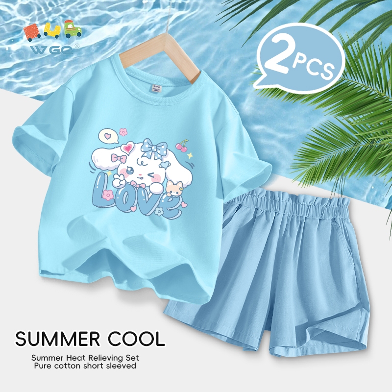 W.G.Q  Bộ đồ bé gái , Áo thun ngắn tay bằng Cotton nguyên chất và quần Short Bộ đồ hai mảnh, có in