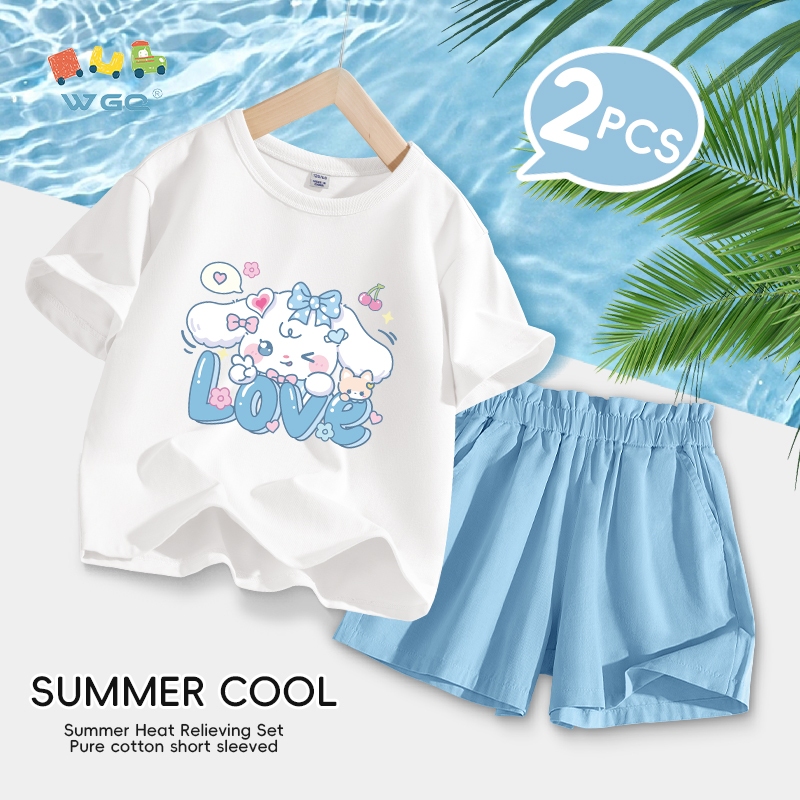 W.G.Q  Bộ đồ bé gái , Áo thun ngắn tay bằng Cotton nguyên chất và quần Short Bộ đồ hai mảnh, có in