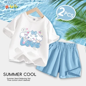 W.G.Q Bộ đồ bé gái , Áo thun ngắn tay bằng Cotton nguyên chất và quần Short Bộ đồ hai mảnh, có in