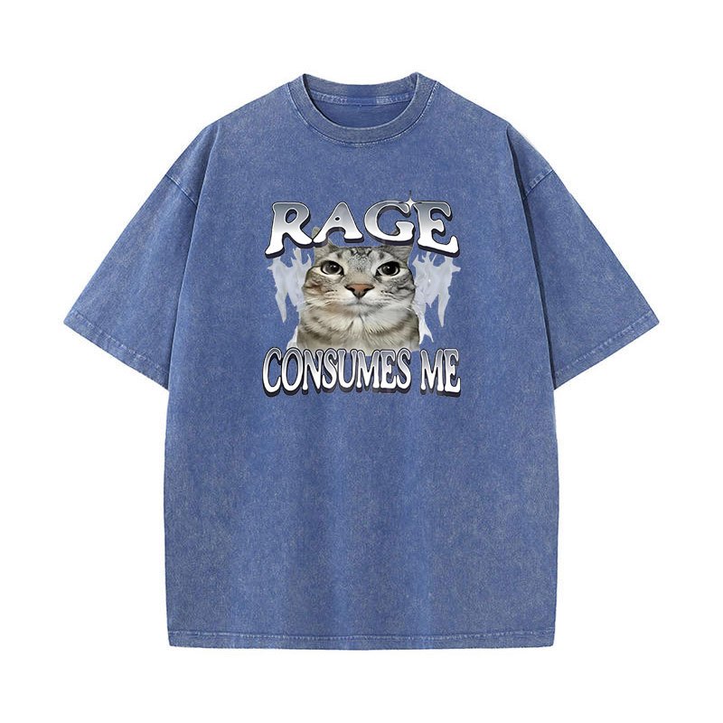 Rage Tiêu Thụ Tôi Mèo Áo Ngộ nghĩnh Mèo Meme In Hình Áo Thun Rửa Vintage Unhinding Silly Cat Graphic Tee Hài Hước Cotton Tay Ngắn Tee