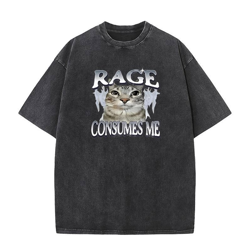 Rage Tiêu Thụ Tôi Mèo Áo Ngộ nghĩnh Mèo Meme In Hình Áo Thun Rửa Vintage Unhinding Silly Cat Graphic Tee Hài Hước Cotton Tay Ngắn Tee