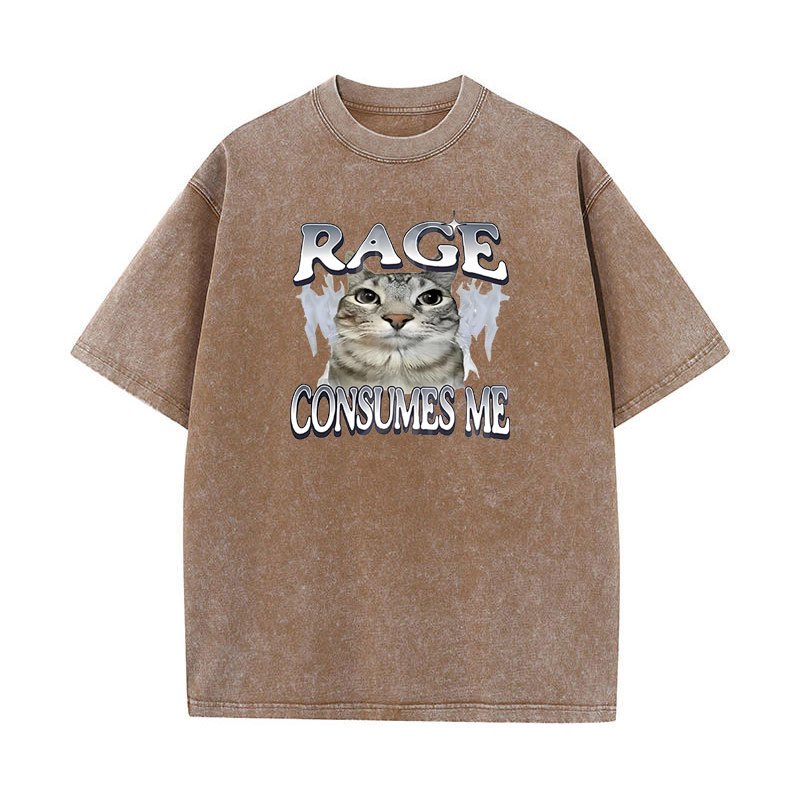 Rage Tiêu Thụ Tôi Mèo Áo Ngộ nghĩnh Mèo Meme In Hình Áo Thun Rửa Vintage Unhinding Silly Cat Graphic Tee Hài Hước Cotton Tay Ngắn Tee
