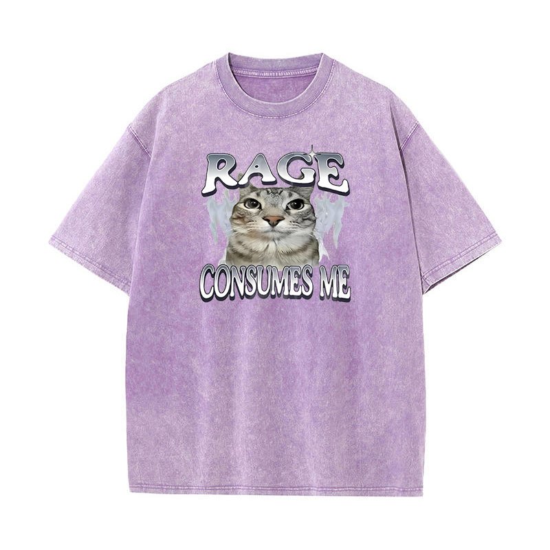 Rage Tiêu Thụ Tôi Mèo Áo Ngộ nghĩnh Mèo Meme In Hình Áo Thun Rửa Vintage Unhinding Silly Cat Graphic Tee Hài Hước Cotton Tay Ngắn Tee