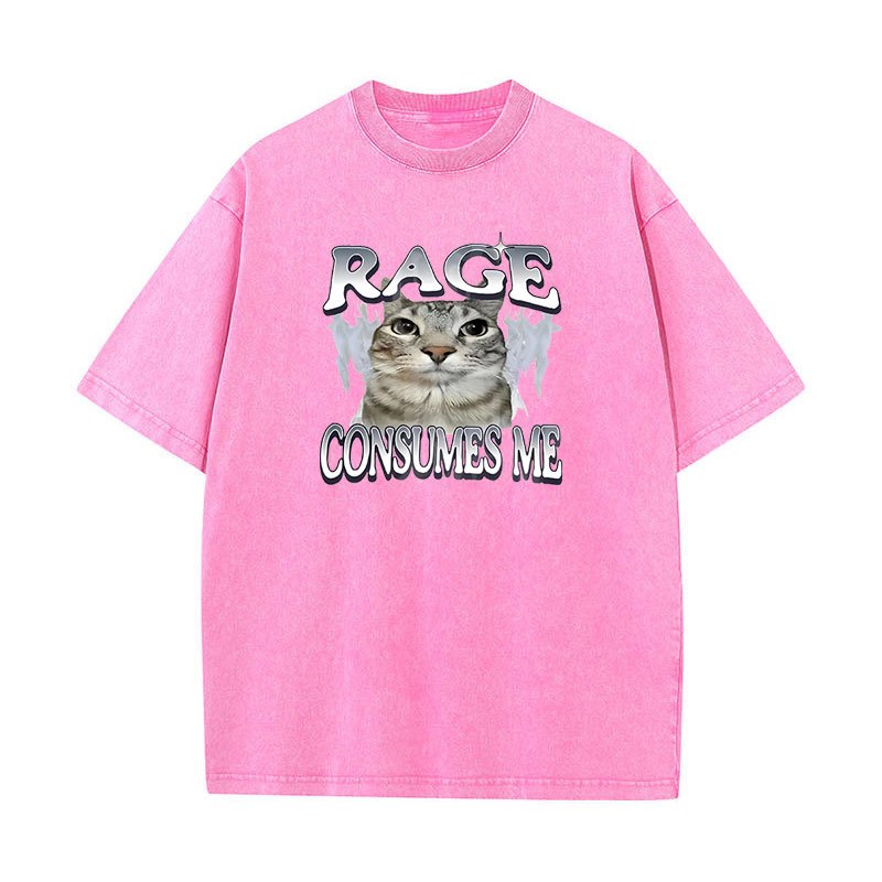 Rage Tiêu Thụ Tôi Mèo Áo Ngộ nghĩnh Mèo Meme In Hình Áo Thun Rửa Vintage Unhinding Silly Cat Graphic Tee Hài Hước Cotton Tay Ngắn Tee